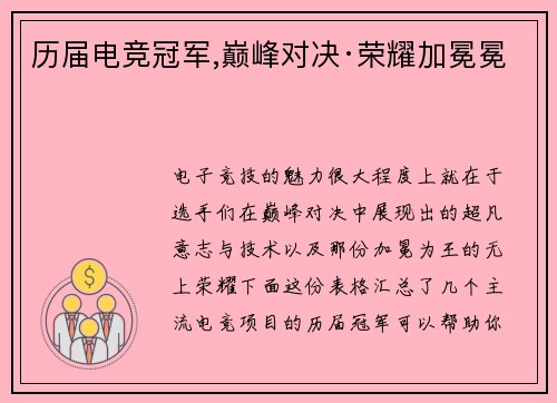 历届电竞冠军,巅峰对决·荣耀加冕冕